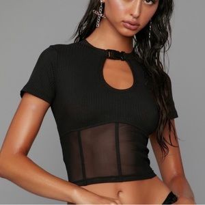 NWOT - DollsKill Poster Grl Buckle Corset Tee with Mesh Waist - Black